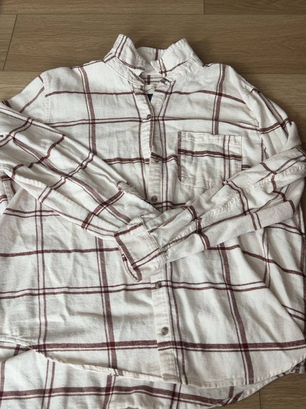 White Plaid Button-Up Shirt with Brown Windowpane Check